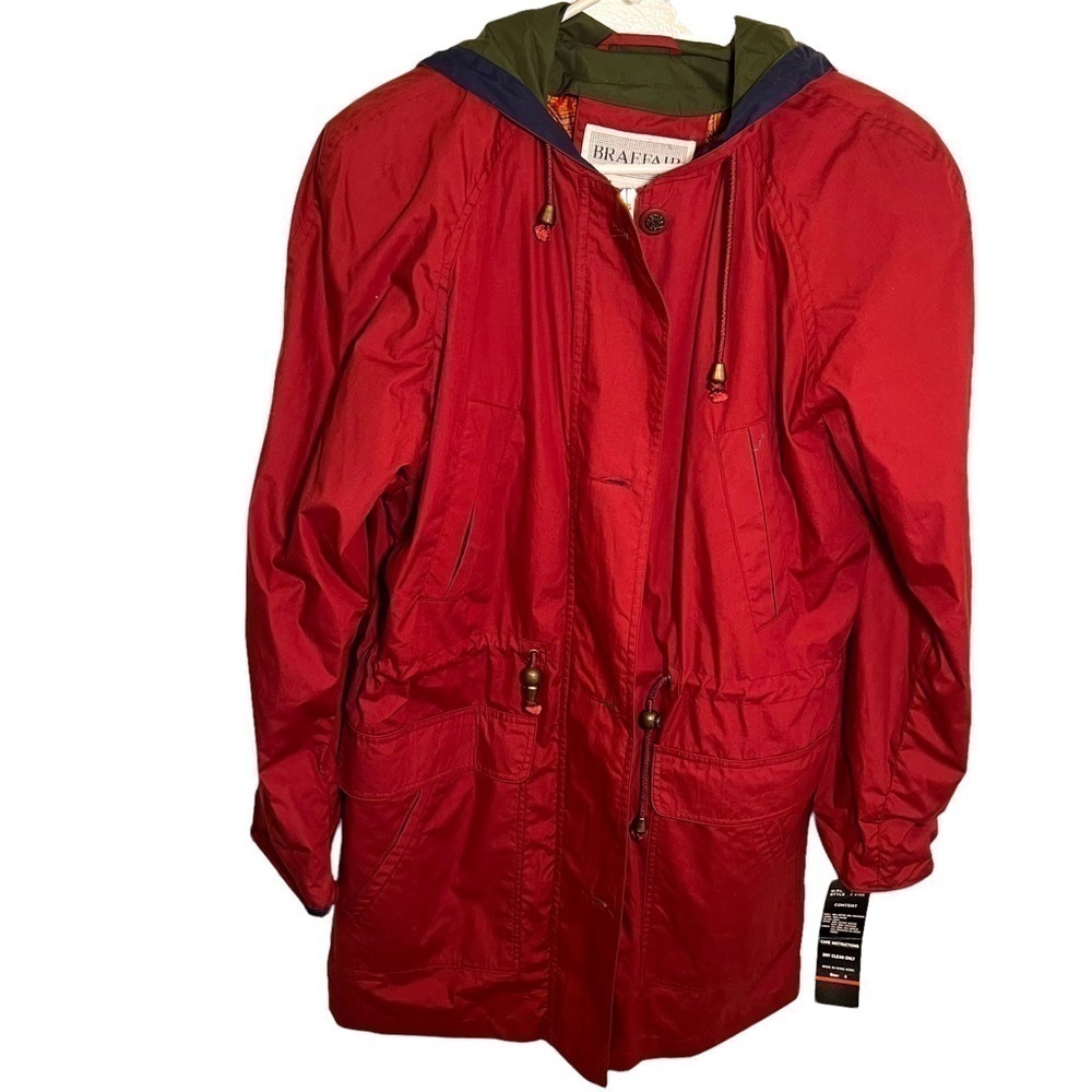 Vintage Braefair Women's Size 8 Trench Coat Multicolor Red Green Navy Hooded